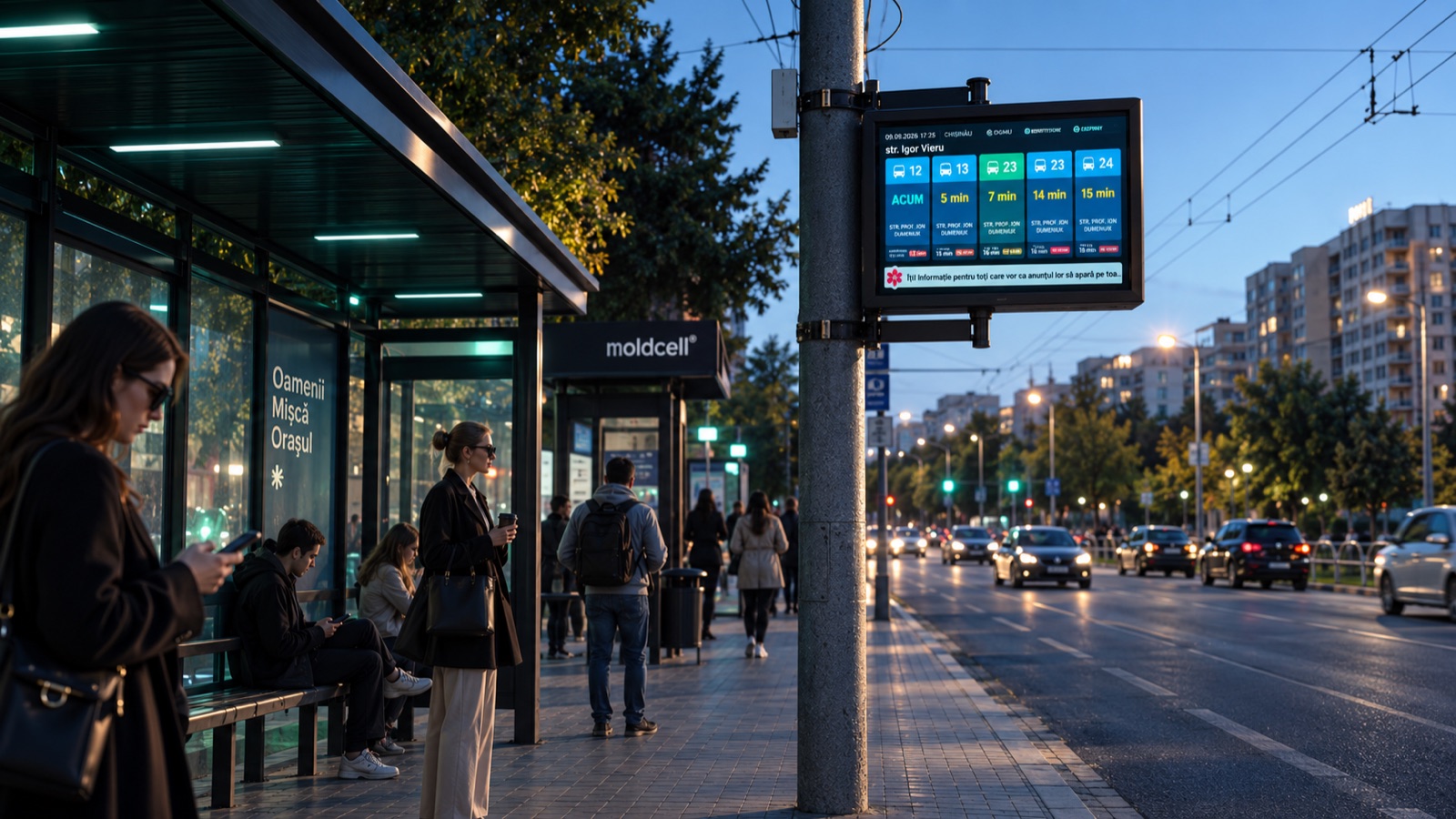 Stație de transport public din Chișinău cu panou informativ montat pe stâlp